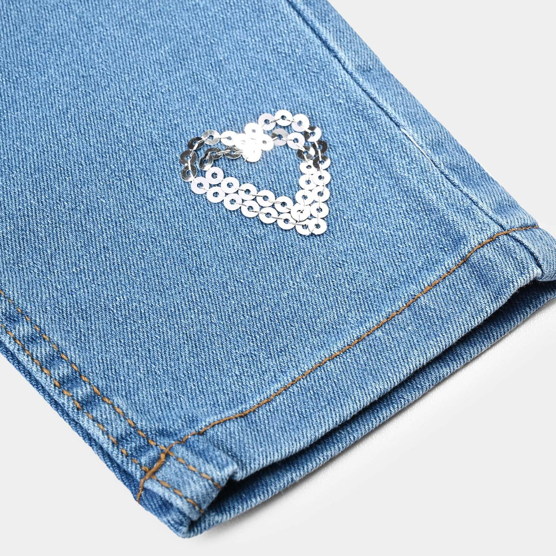 Girls Denim Pant Sequins Hearts- Mid Blue