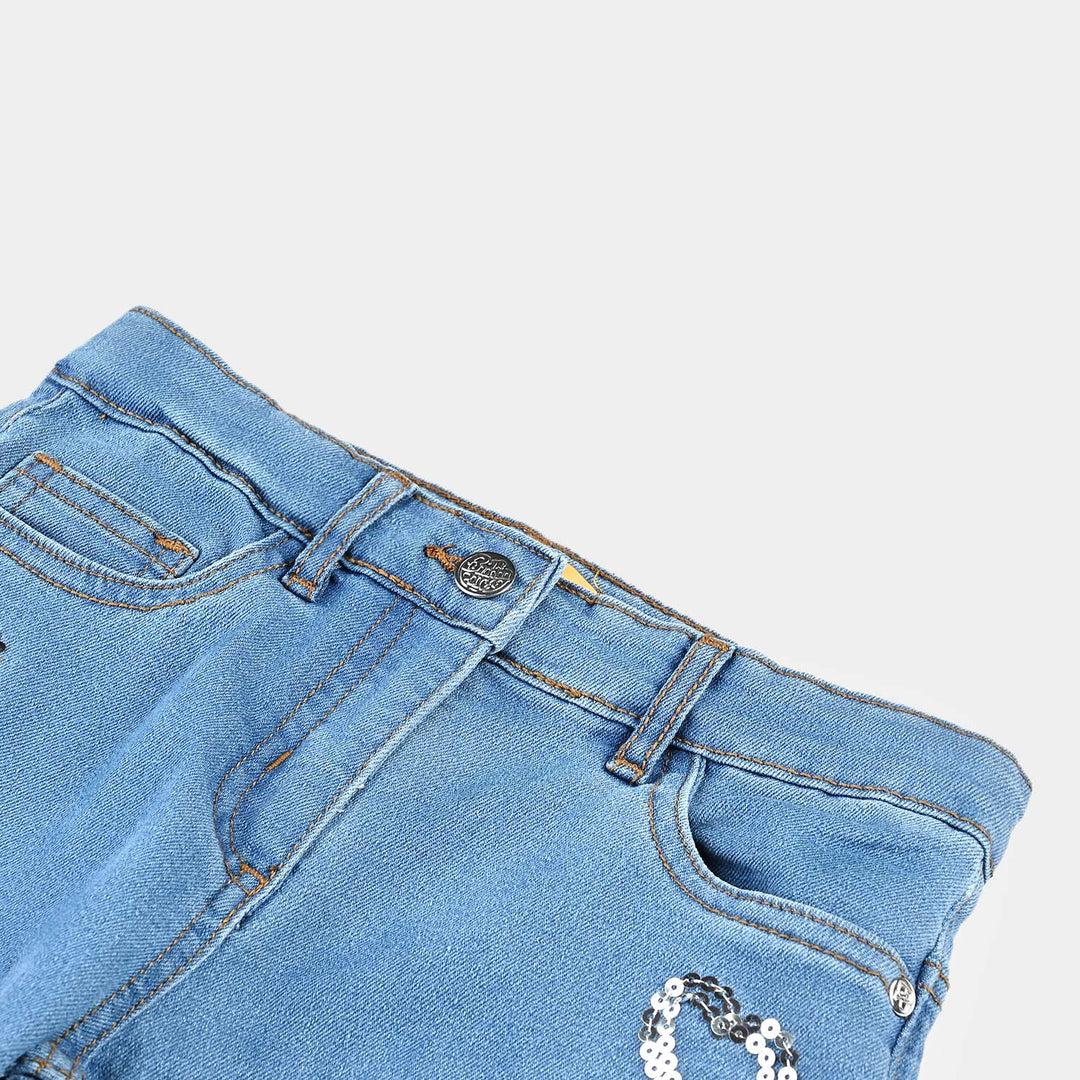 Girls Denim Pant Sequins Hearts- Mid Blue