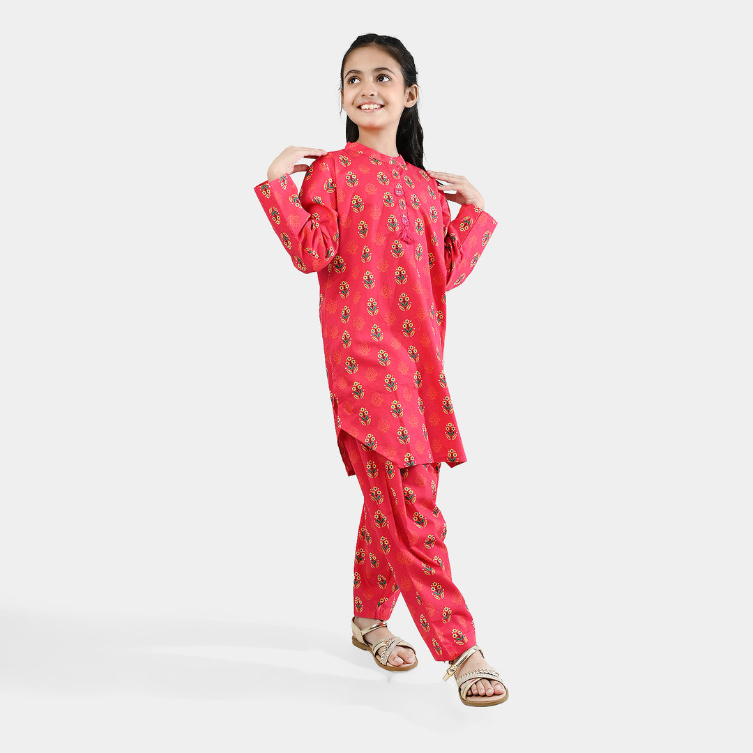 Girls Cotton Poplin Printed 2 Pcs - Red