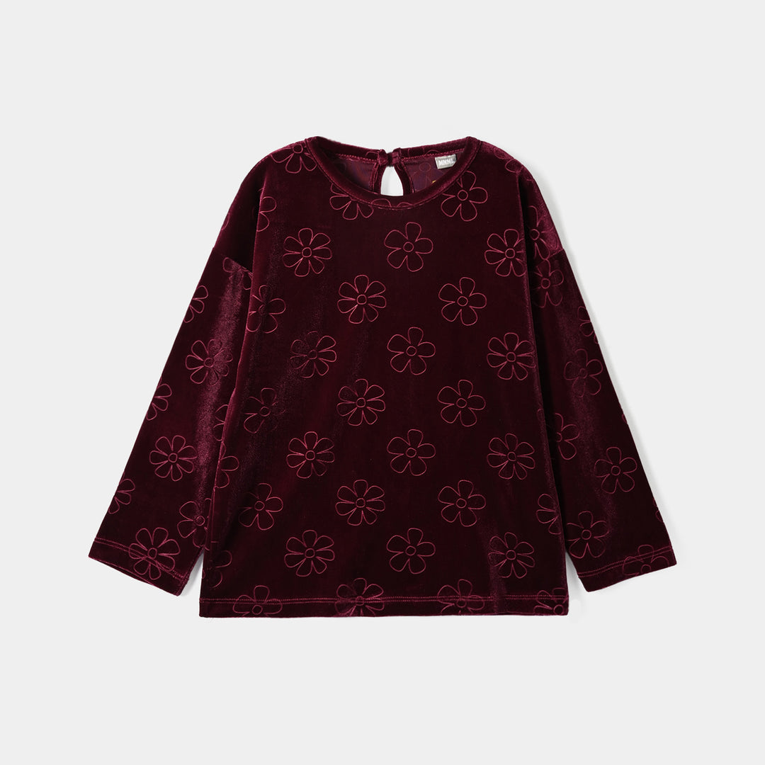 Girls Embossed Velvet Sweatshirt Red Tear Drop-Red