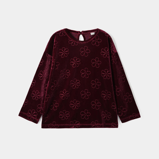 Girls Embossed Velvet Sweatshirt Red Tear Drop-Red