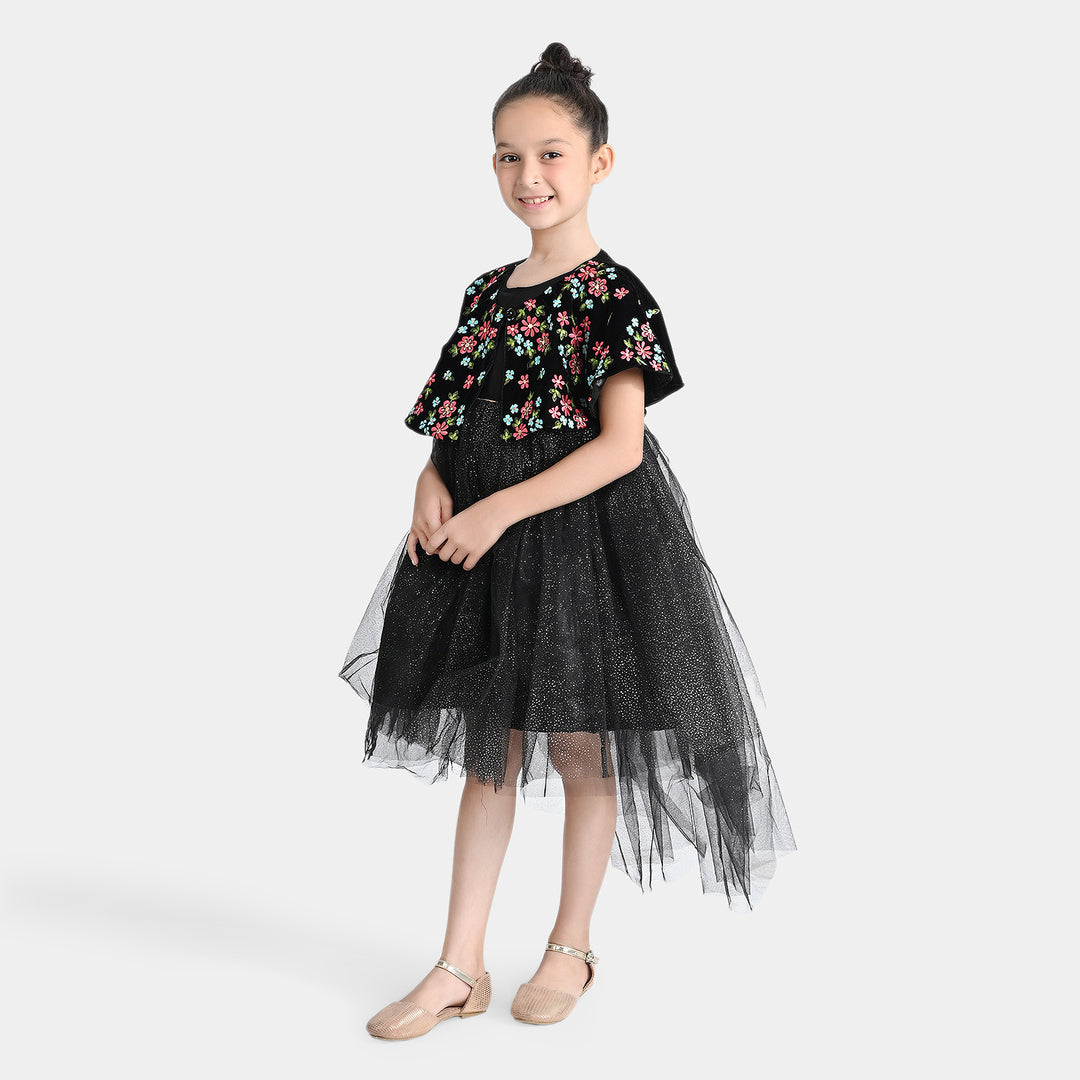 Girls Velvet & Net Fancy Frock EMB Glitter-Multi