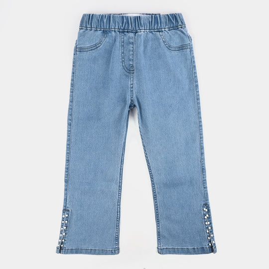 Girls Denim Stretch Jeggings Slit Hem-LIGHT BLUE