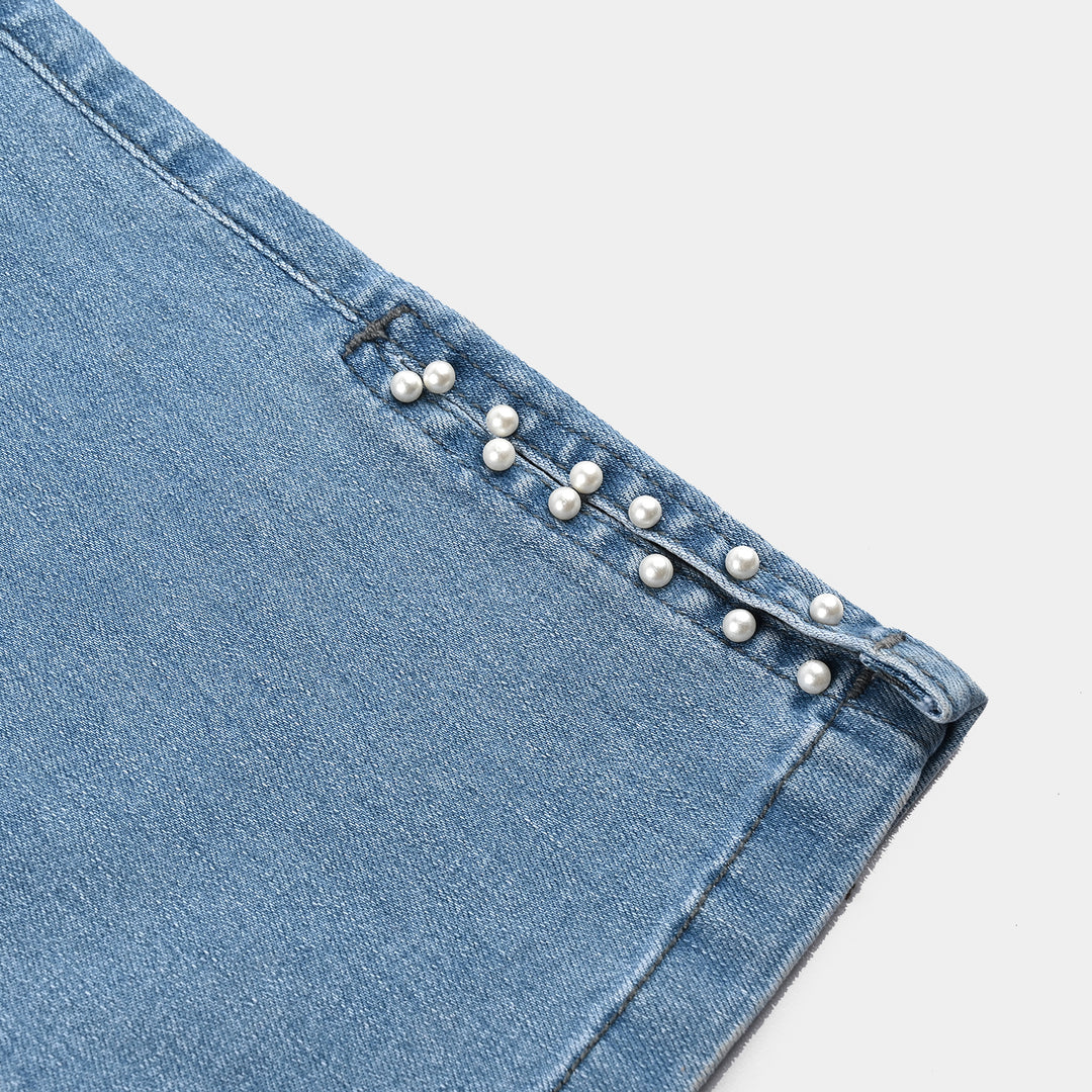 Girls Denim Stretch Jeggings Slit Hem-LIGHT BLUE