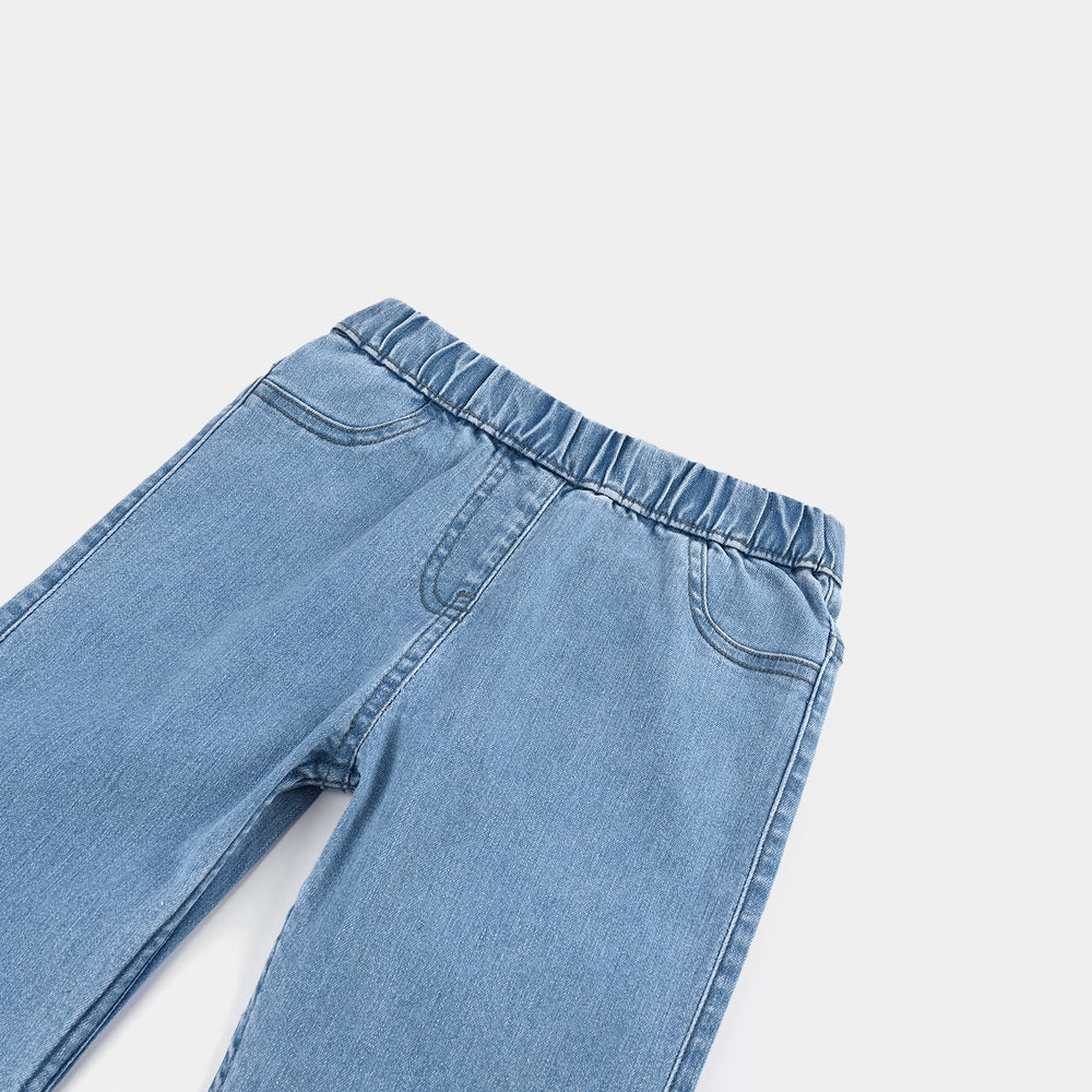 Girls Denim Stretch Jeggings Slit Hem-LIGHT BLUE