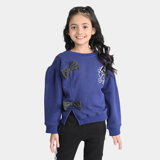 Girls Fleece Sweatshirt Fancy Bow-Navy Blue