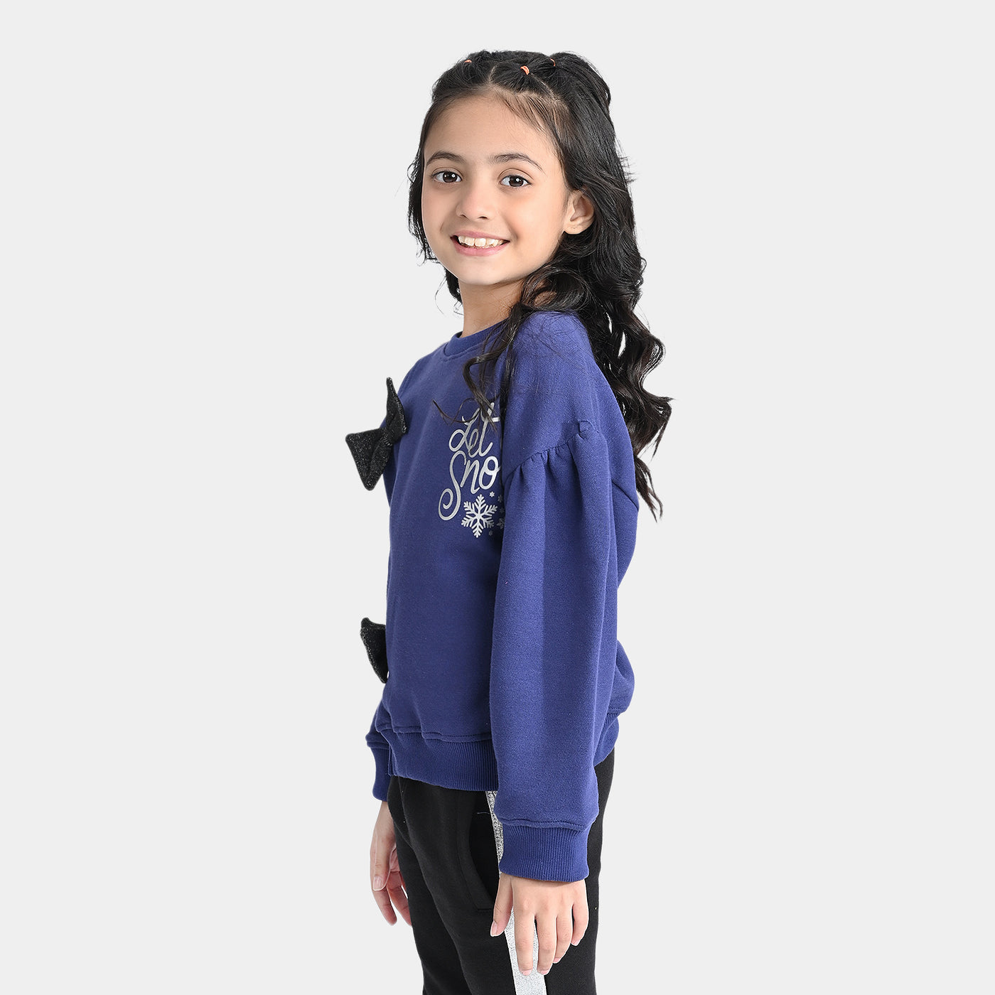 Girls Fleece Sweatshirt Fancy Bow-Navy Blue