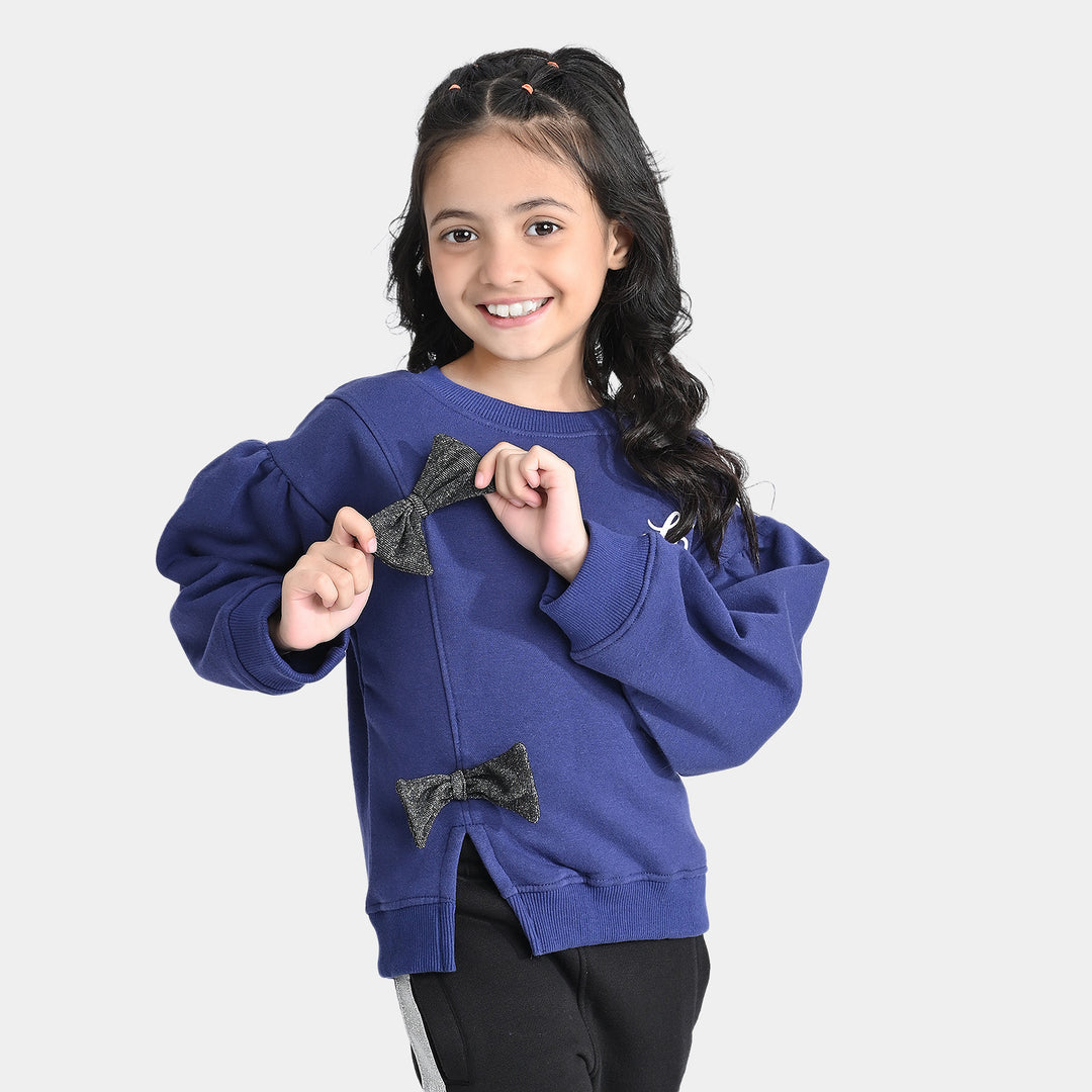 Girls Fleece Sweatshirt Fancy Bow-Navy Blue