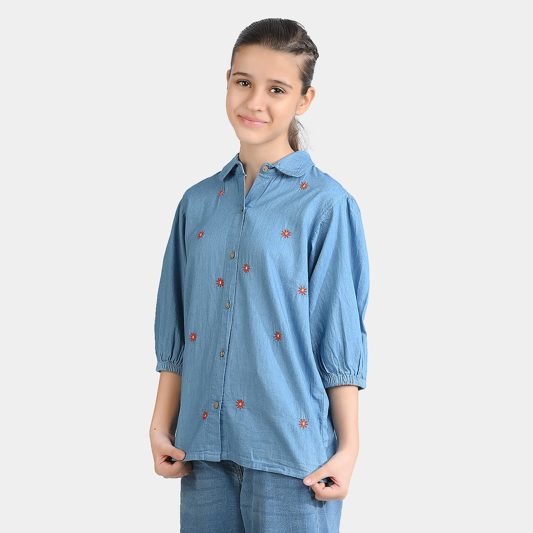 Girls Denim rigid Emb Top Crochet-Blue