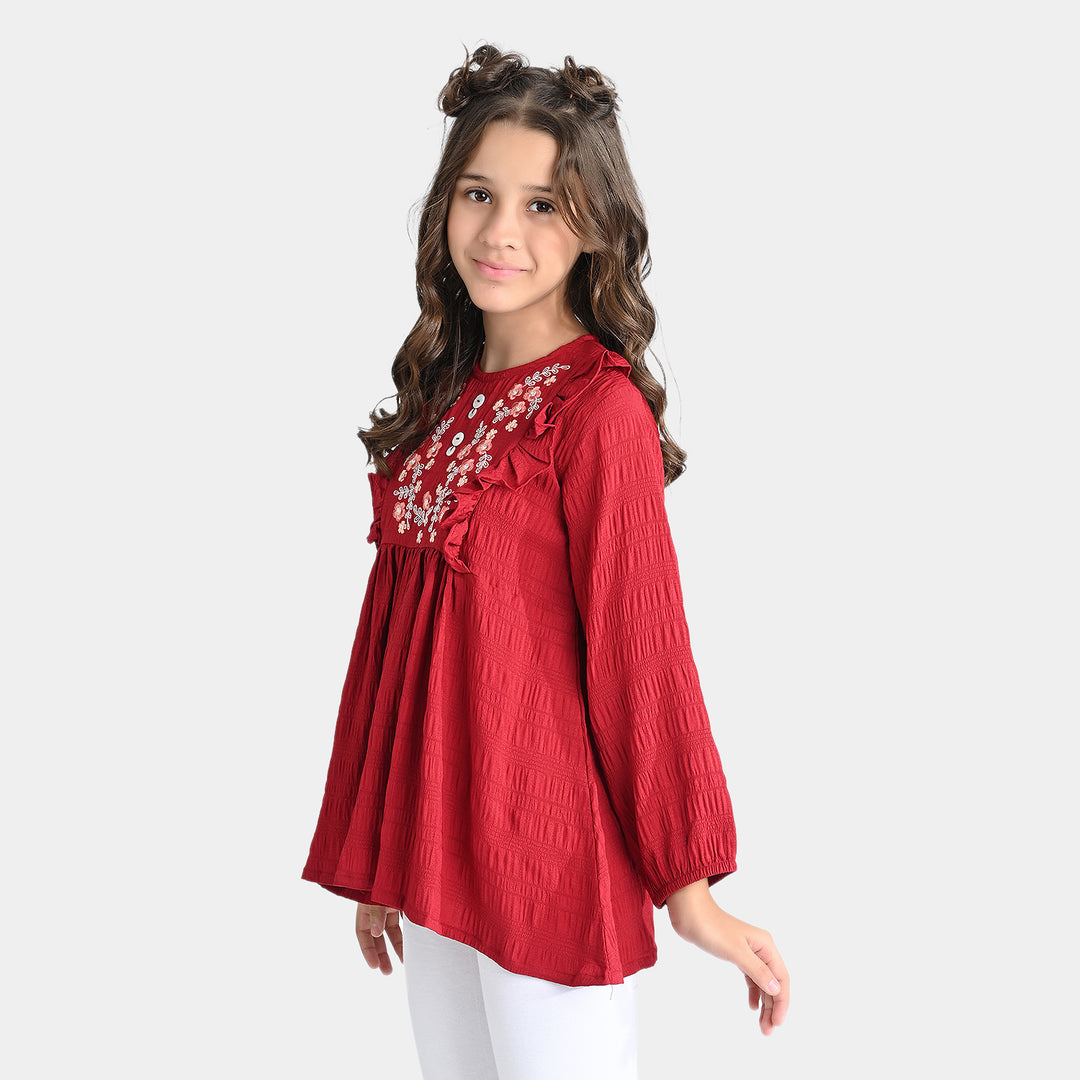 Girls Poly Cotton Emb Top Maroon Morgan-Red