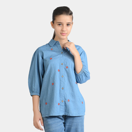 Girls Denim rigid Emb Top Crochet-Blue