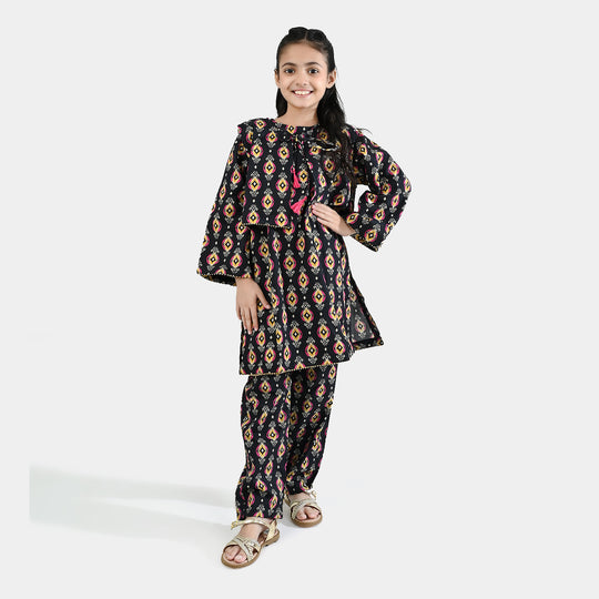 Girls Cotton Poplin Printed 3 Pcs - Black