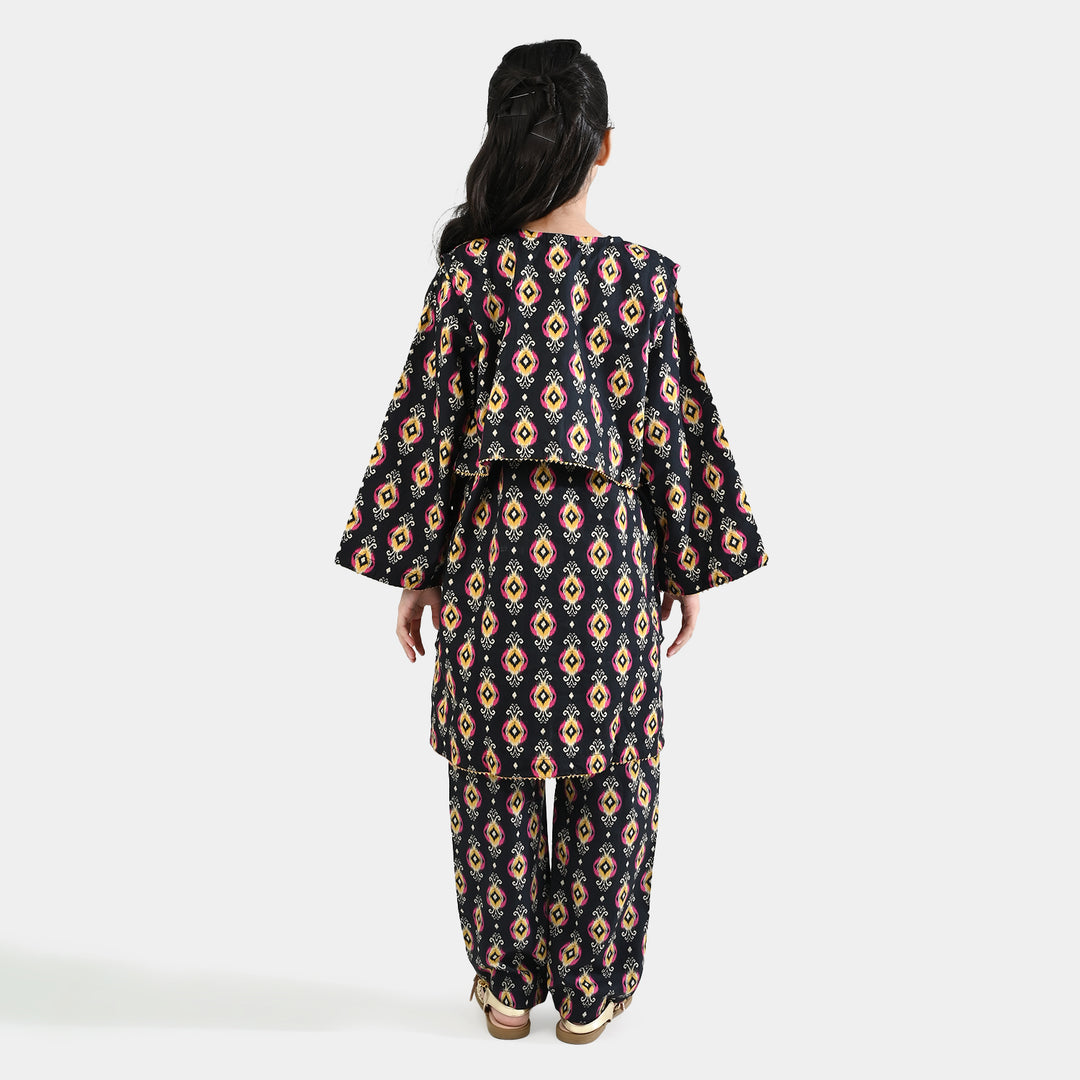 Girls Cotton Poplin Printed 3 Pcs - Black