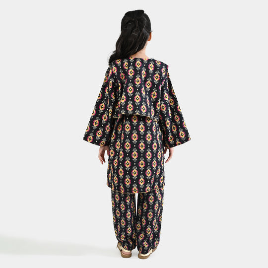 Girls Cotton Poplin Printed 3 Pcs - Black