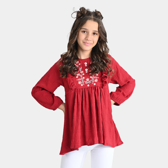 Girls Poly Cotton Emb Top Maroon Morgan-Red