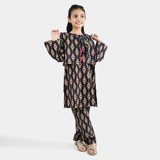Girls Cotton Poplin Printed 3 Pcs - Black
