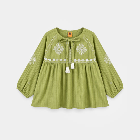 Girls Cotton Emb Top Lime-Green