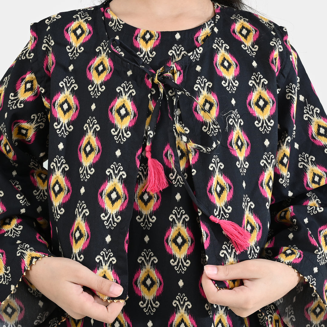 Girls Cotton Poplin Printed 3 Pcs - Black