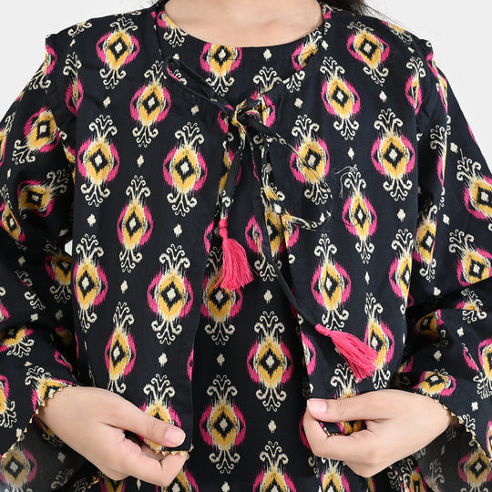 Girls Cotton Poplin Printed 3 Pcs - Black