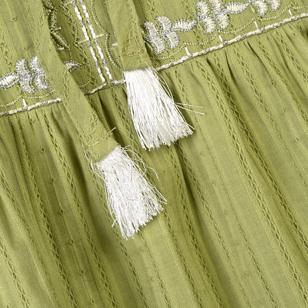 Girls Cotton Emb Top Lime-Green