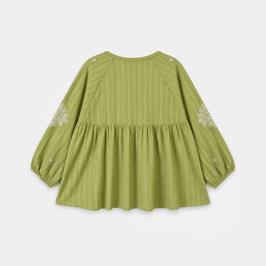 Girls Cotton Emb Top Lime-Green