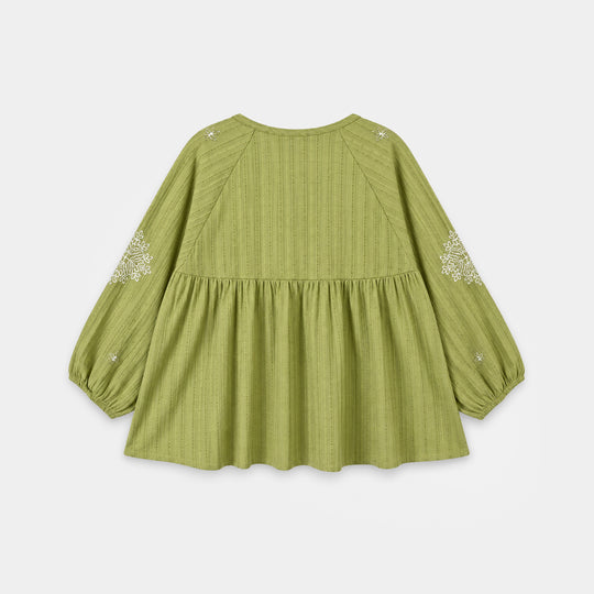 Girls Cotton Emb Top Lime-Green