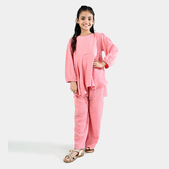 Girls Cotton CO-Ord Set - Light Pink/Peach