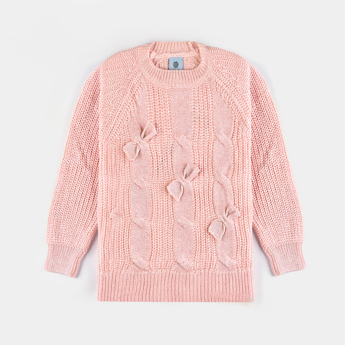 Girls Mix Fabric Sweater 3 Bow -Pink