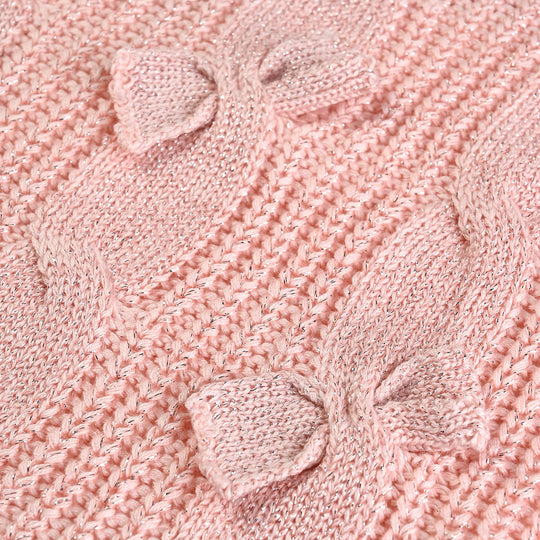 Girls Mix Fabric Sweater 3 Bow -Pink