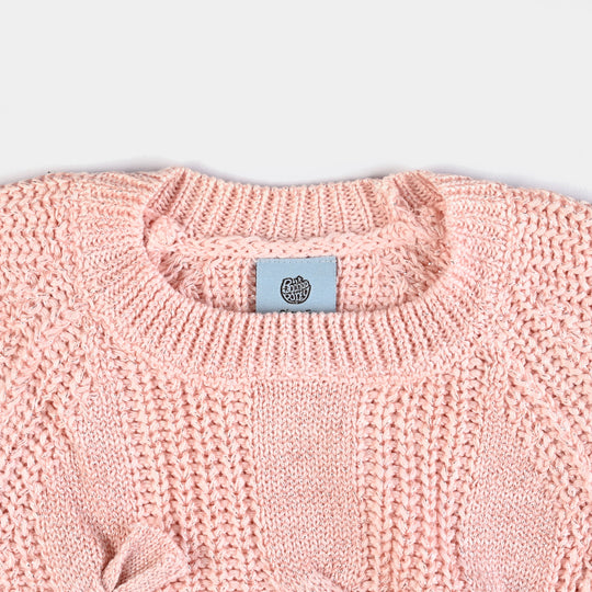 Girls Mix Fabric Sweater 3 Bow -Pink