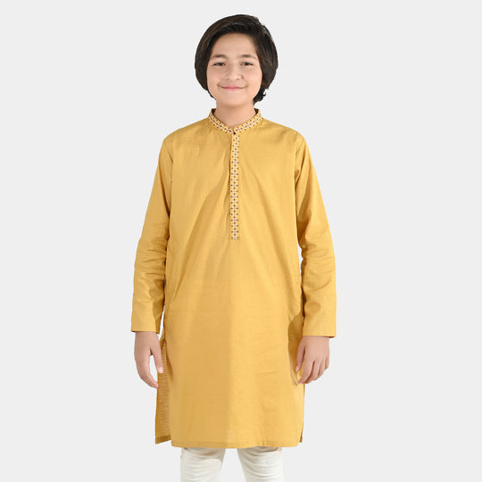 Boys Cotton Jacquard Embroidered Kurta (Honey Mustard) - Yellow