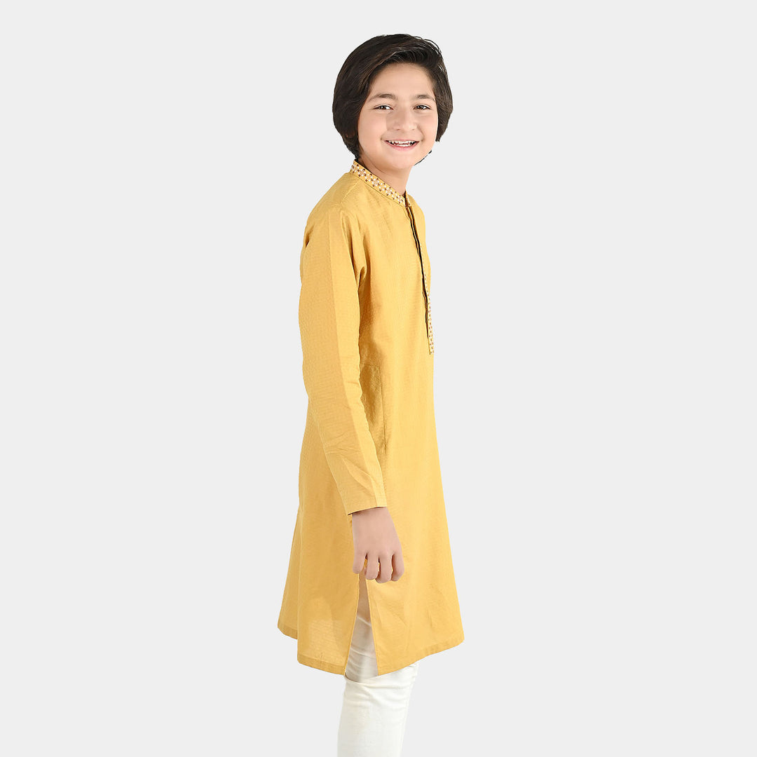 Boys Cotton Jacquard Embroidered Kurta (Honey Mustard) - Yellow