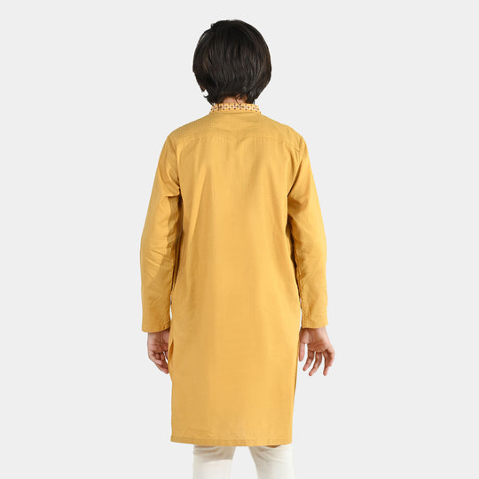 Boys Cotton Jacquard Embroidered Kurta (Honey Mustard) - Yellow