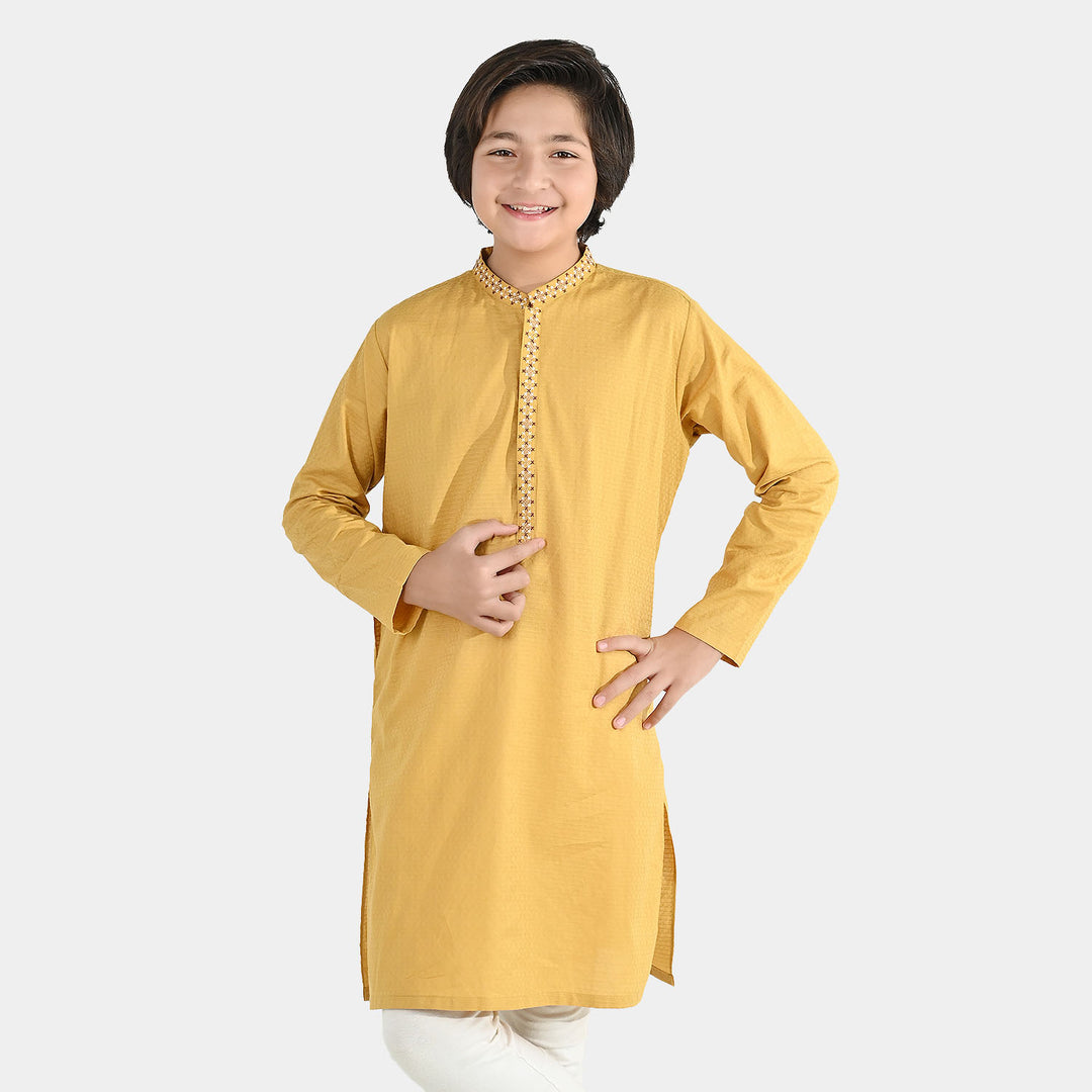 Boys Cotton Jacquard Embroidered Kurta (Honey Mustard) - Yellow