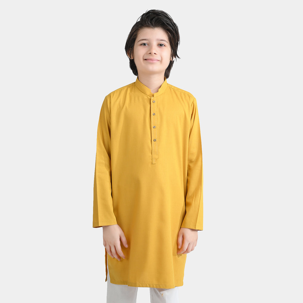 Boys Poly Viscose Embroidered Kurta (Cut Collar)-Mustard