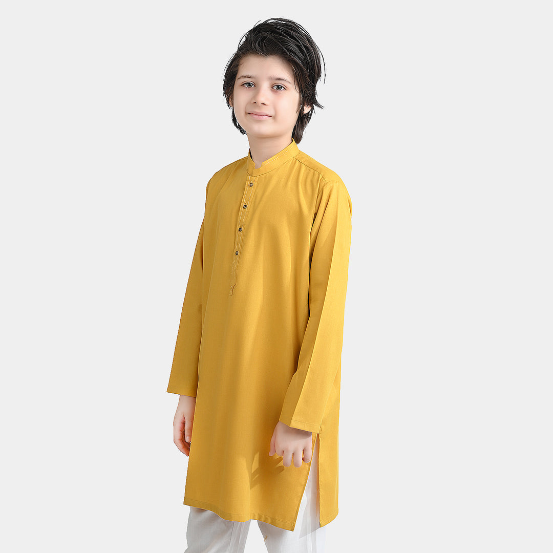 Boys Poly Viscose Embroidered Kurta (Cut Collar)-Mustard