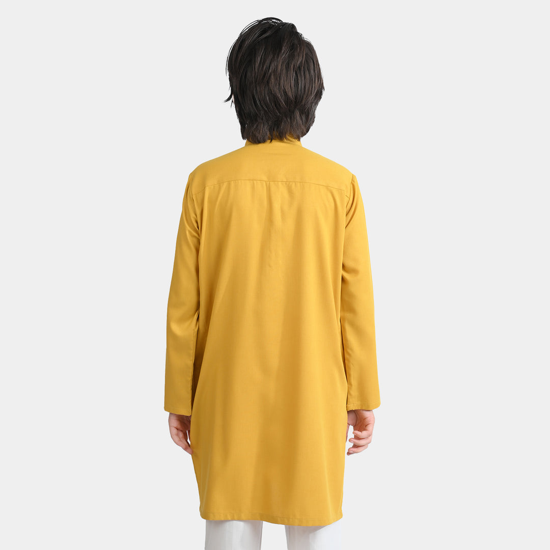 Boys Poly Viscose Embroidered Kurta (Cut Collar)-Mustard