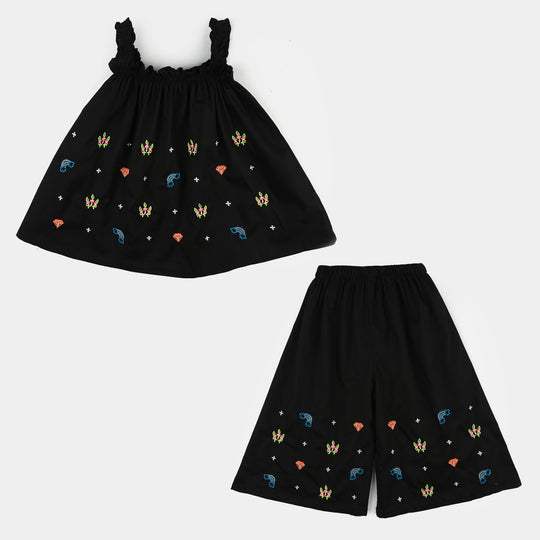 Infant Girls Cotton Embroidered 2-Piece Set (Juuhar) - Black