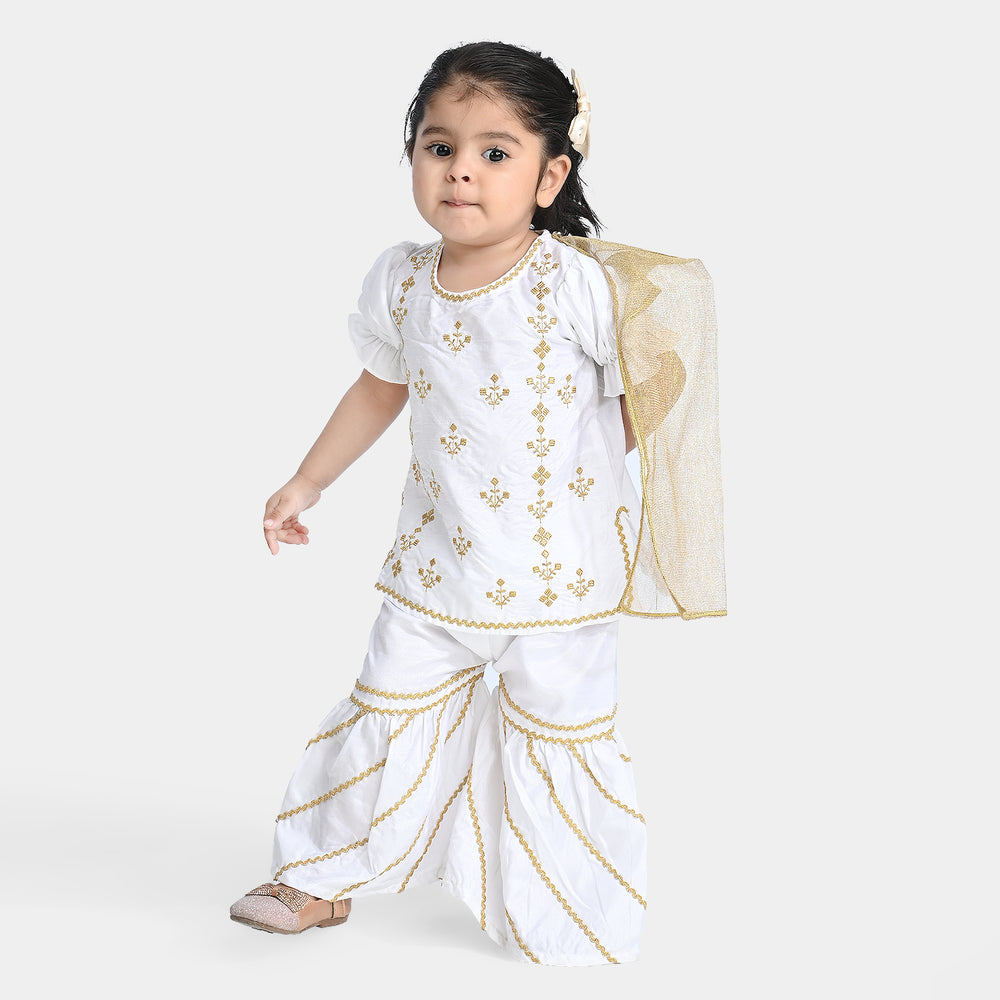 Infant Girls Raw Silk Fancy 3Pcs Shine-White