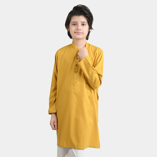 Boys Poly Viscose Embroidered Kurta (Cut Collar)-Mustard