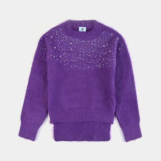 Girls Mix Fabric Sweater Sequins -Purple