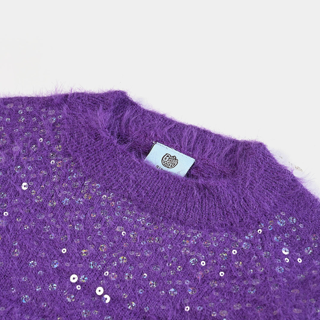 Girls Mix Fabric Sweater Sequins -Purple