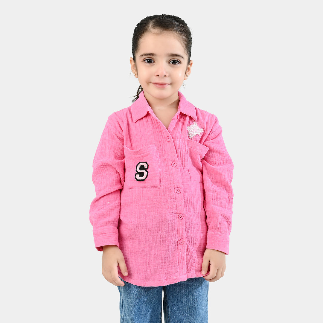Girls Poly Crinkle Emb Top Pocket Style-PINK