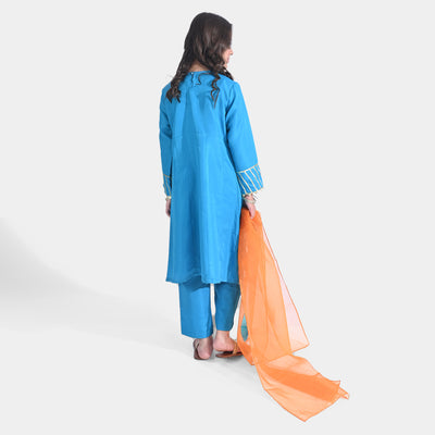 Girls Raw Silk 3PCs Suit Rang-o-Sehar-Blue