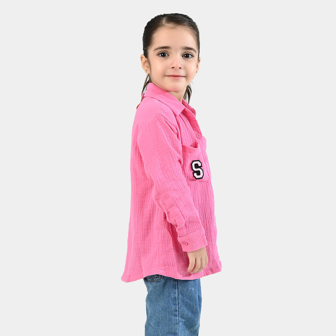 Girls Poly Crinkle Emb Top Pocket Style-PINK