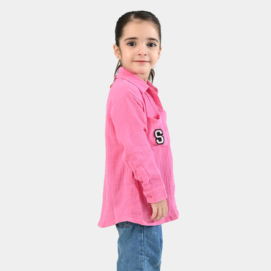 Girls Poly Crinkle Emb Top Pocket Style-PINK