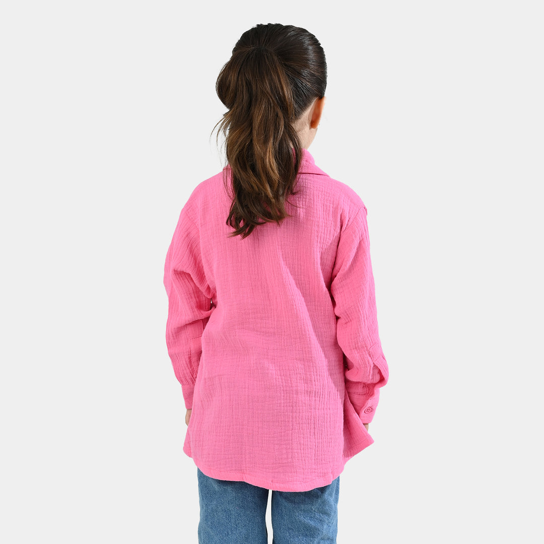 Girls Poly Crinkle Emb Top Pocket Style-PINK