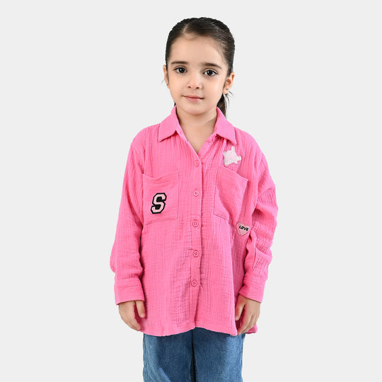 Girls Poly Crinkle Emb Top Pocket Style-PINK