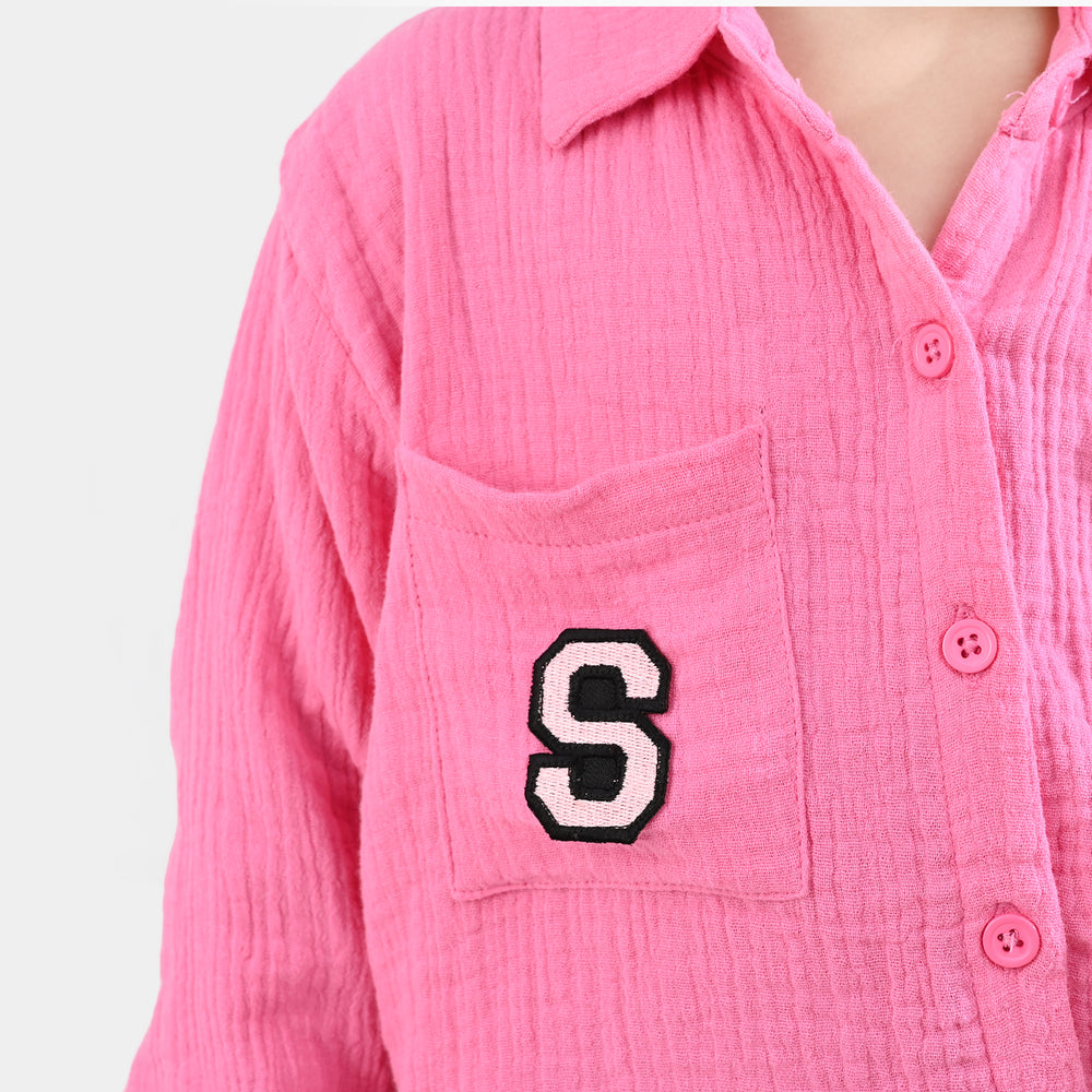 Girls Poly Crinkle Emb Top Pocket Style-PINK