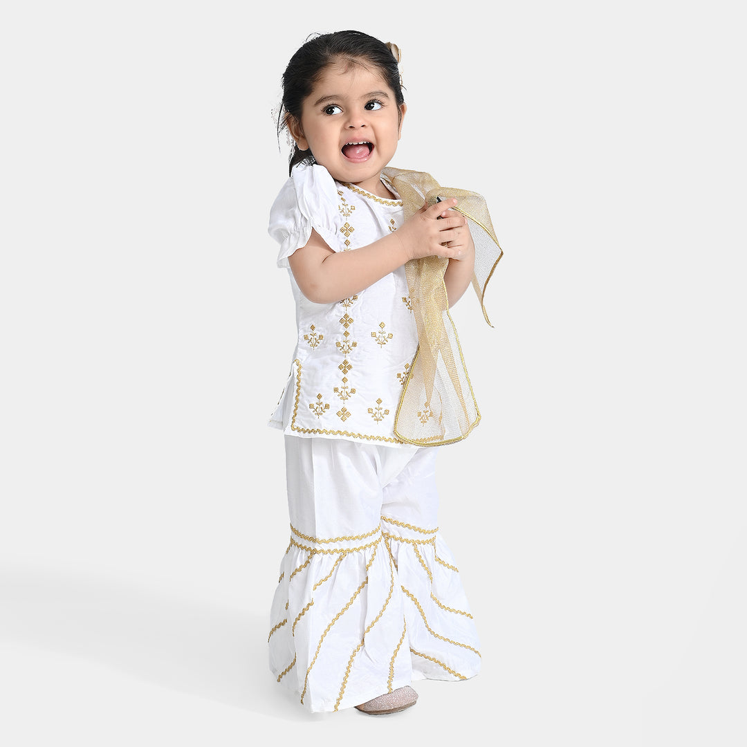 Infant Girls Raw Silk Fancy 3Pcs Shine-White